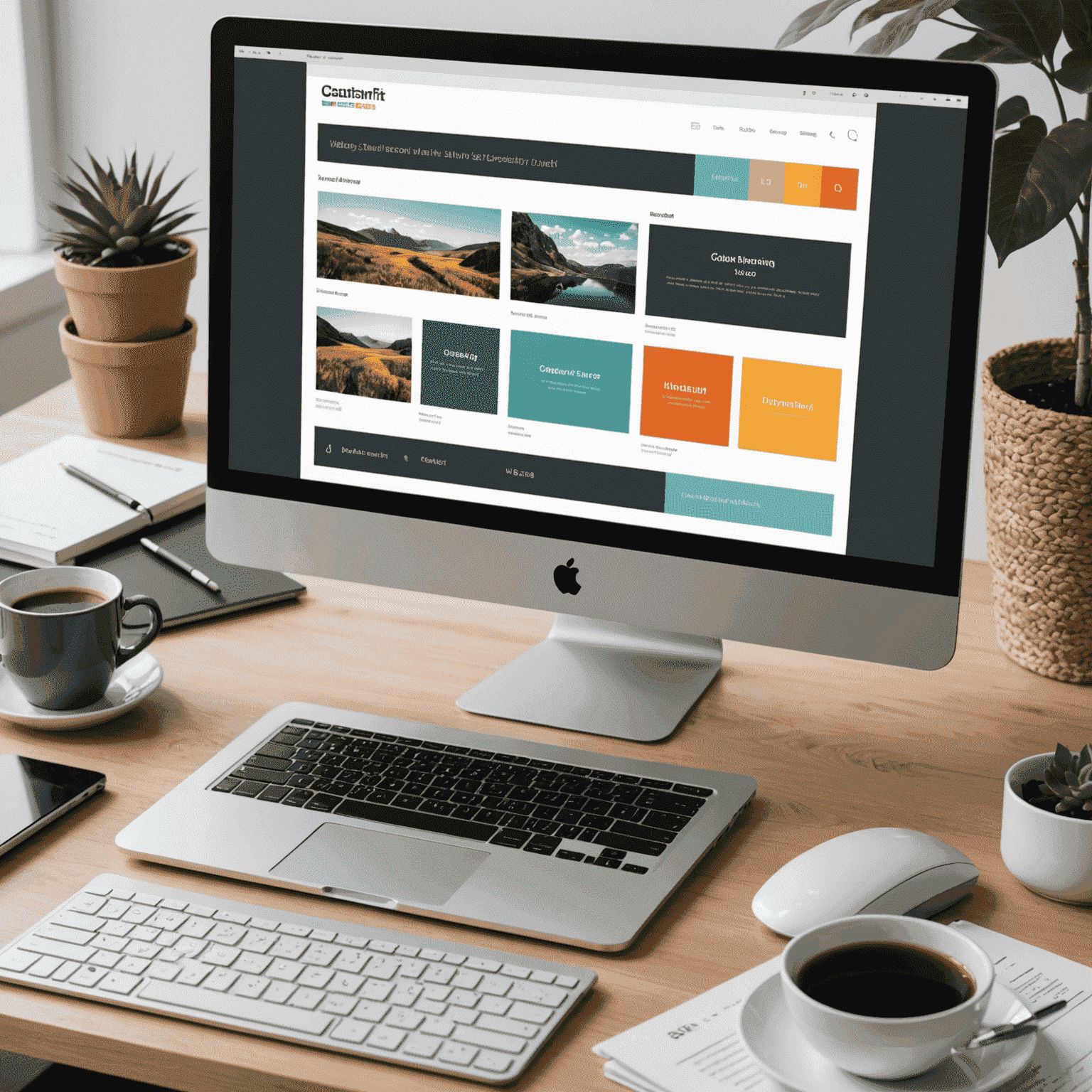 Imagen que muestra una pantalla de computadora con un diseño web moderno y minimalista, con elementos de diseño como cuadrículas, tipografía y paleta de colores.