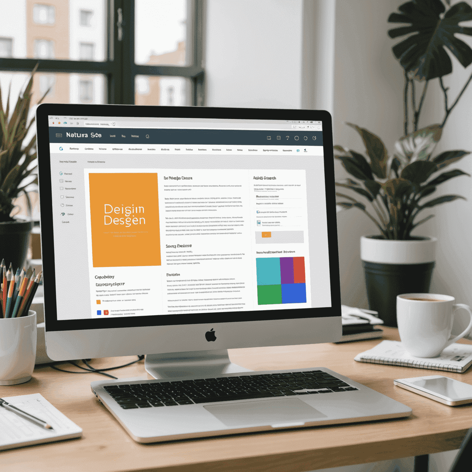 Imagen que muestra una pantalla de computadora con un diseño web básico, incluyendo elementos de diseño como cuadrículas, paletas de colores y tipografías