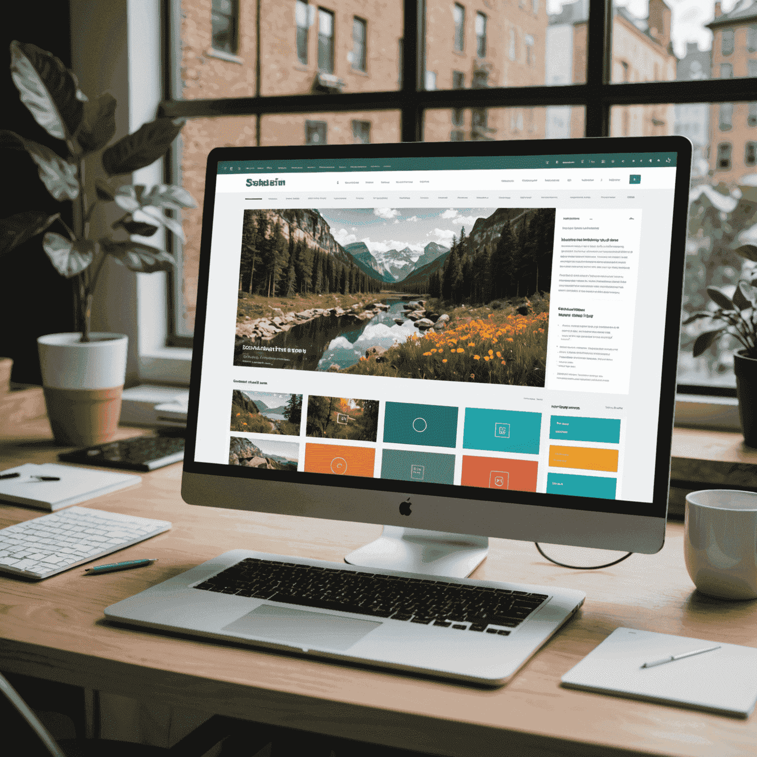 Imagen que muestra una pantalla de computadora con un diseño web en progreso, mostrando elementos de diseño como una cuadrícula de diseño, una paleta de colores y diferentes tipografías