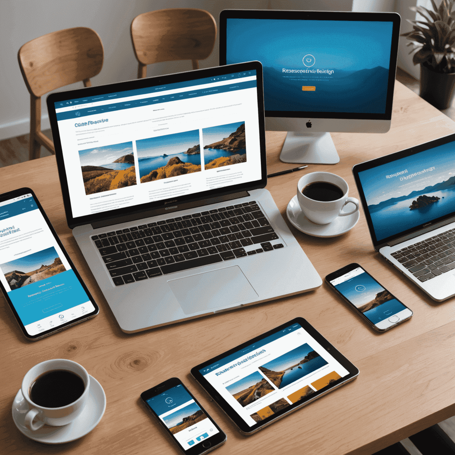 Imagen que muestra varios dispositivos (smartphone, tablet, laptop y desktop) mostrando el mismo sitio web adaptado a cada tamaño de pantalla, ilustrando el concepto de diseño responsivo