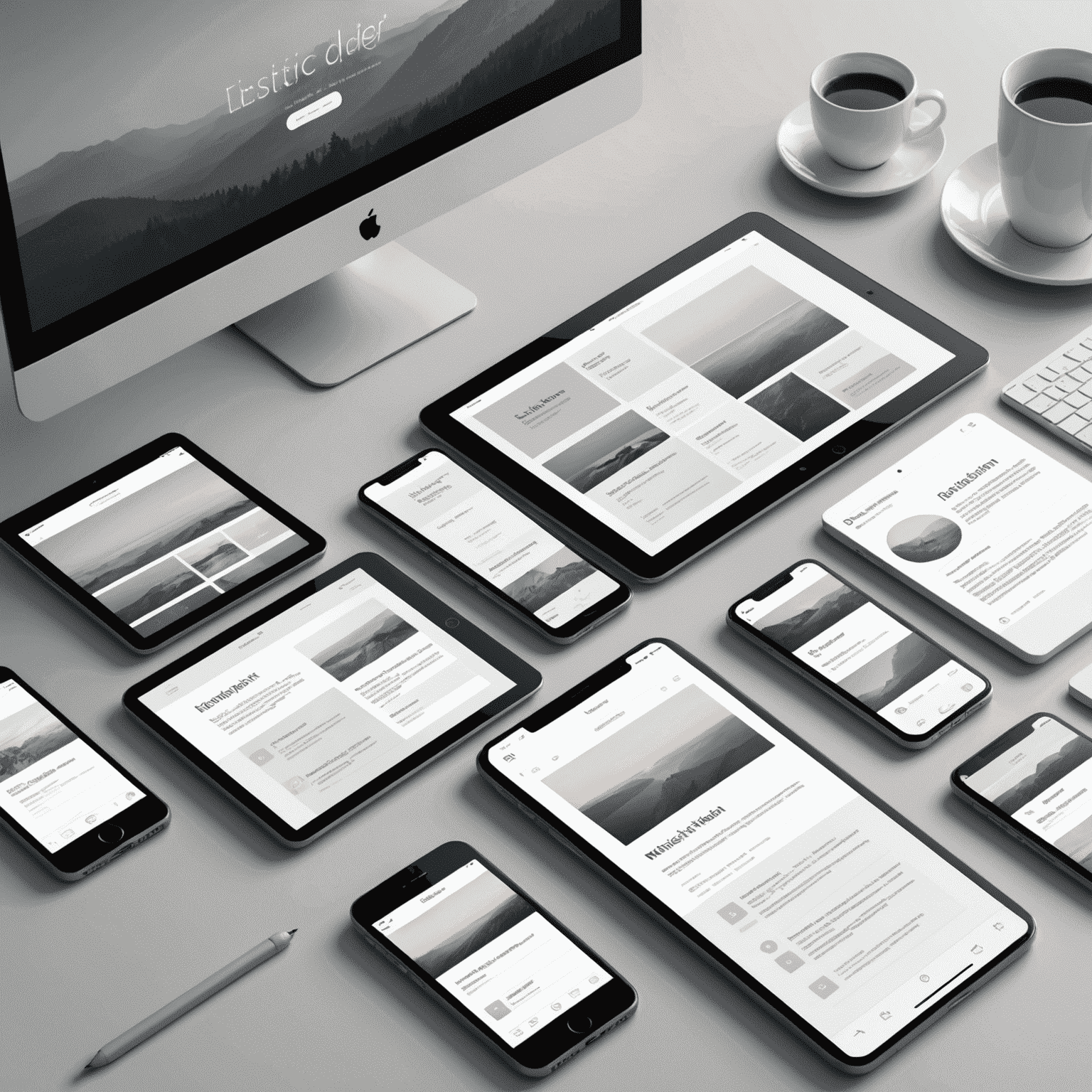 Imagen que muestra una interfaz de usuario moderna con elementos de diseño minimalistas y una paleta de colores suave en tonos de gris y blanco. Se pueden ver dispositivos móviles y de escritorio que muestran diseños web responsivos.
