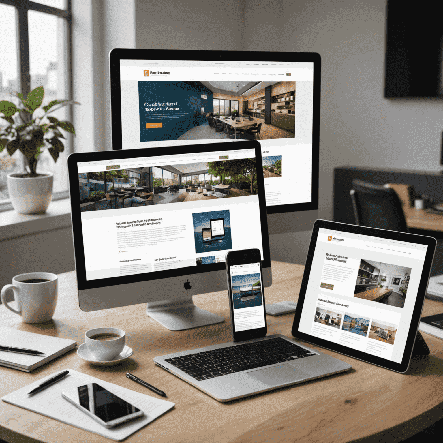 Imagen que muestra un sitio web adaptándose a diferentes dispositivos como computadora de escritorio, tableta y teléfono móvil