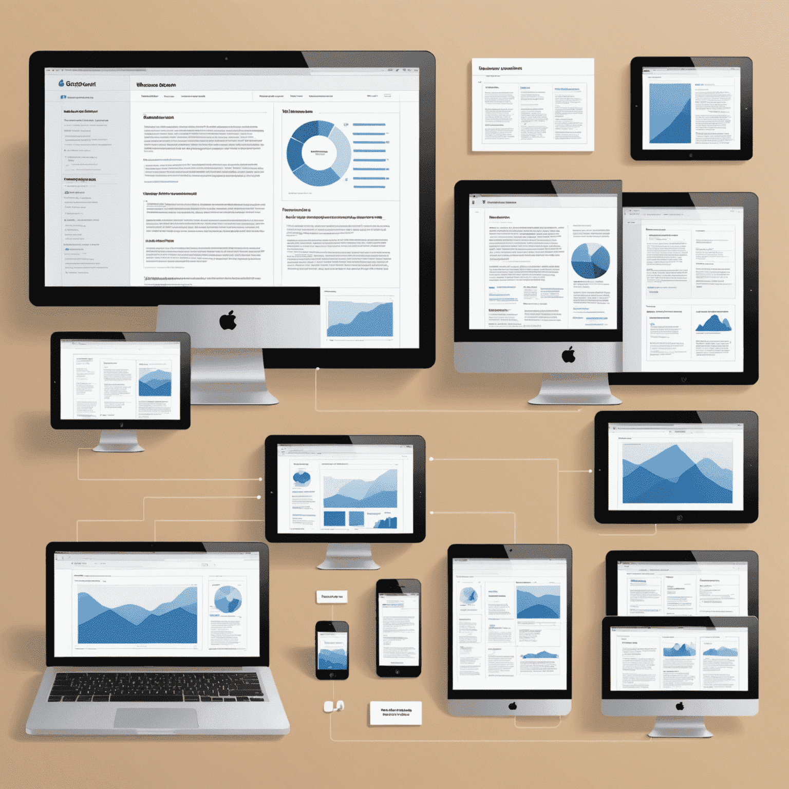 Diagrama que muestra cómo se reorganiza el contenido de una página web en diferentes tamaños de pantalla, desde móvil hasta escritorio