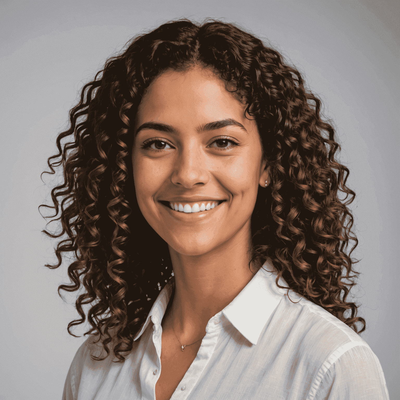 Foto de perfil de Ana Sánchez, coordinadora de programas. Mujer joven con cabello rizado y blusa blanca, sonriendo cálidamente.