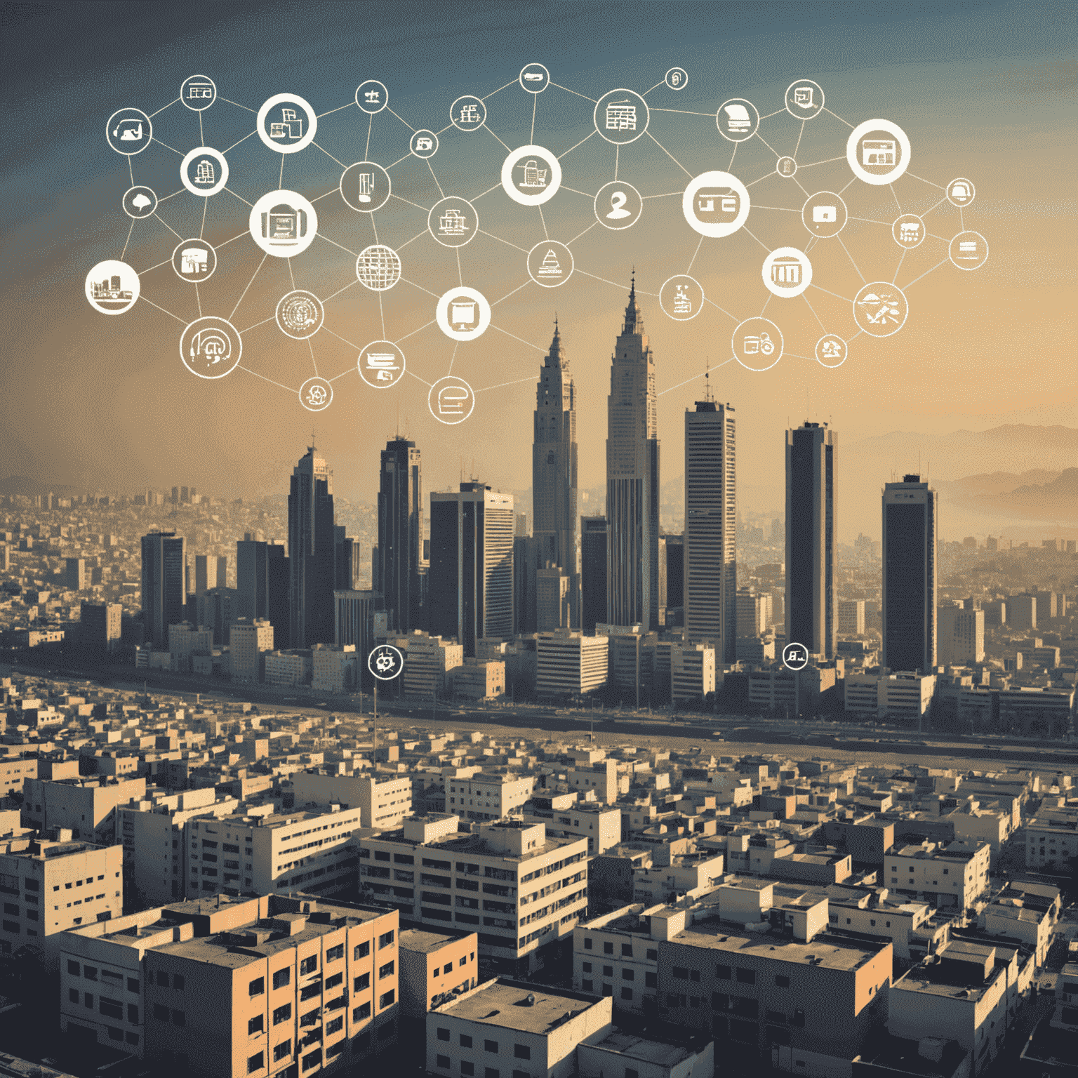Imagen que muestra el skyline de Lima, Perú, con iconos de computadoras y símbolos de diseño web superpuestos